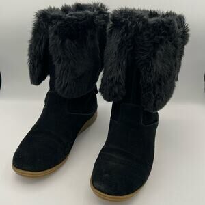 Lands' End Mendota Black Suede and Faux Fur Lined Cozy Winter Snow Boots 7.5